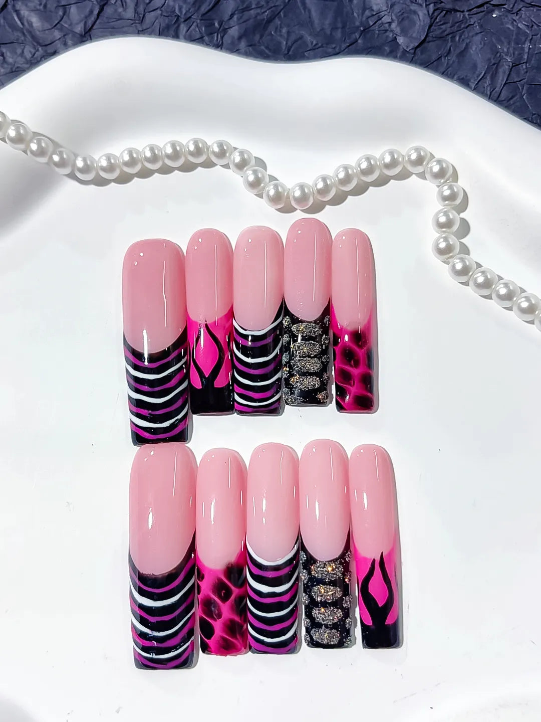L130 - Long Pink Black Square Abstract Flame Glitter