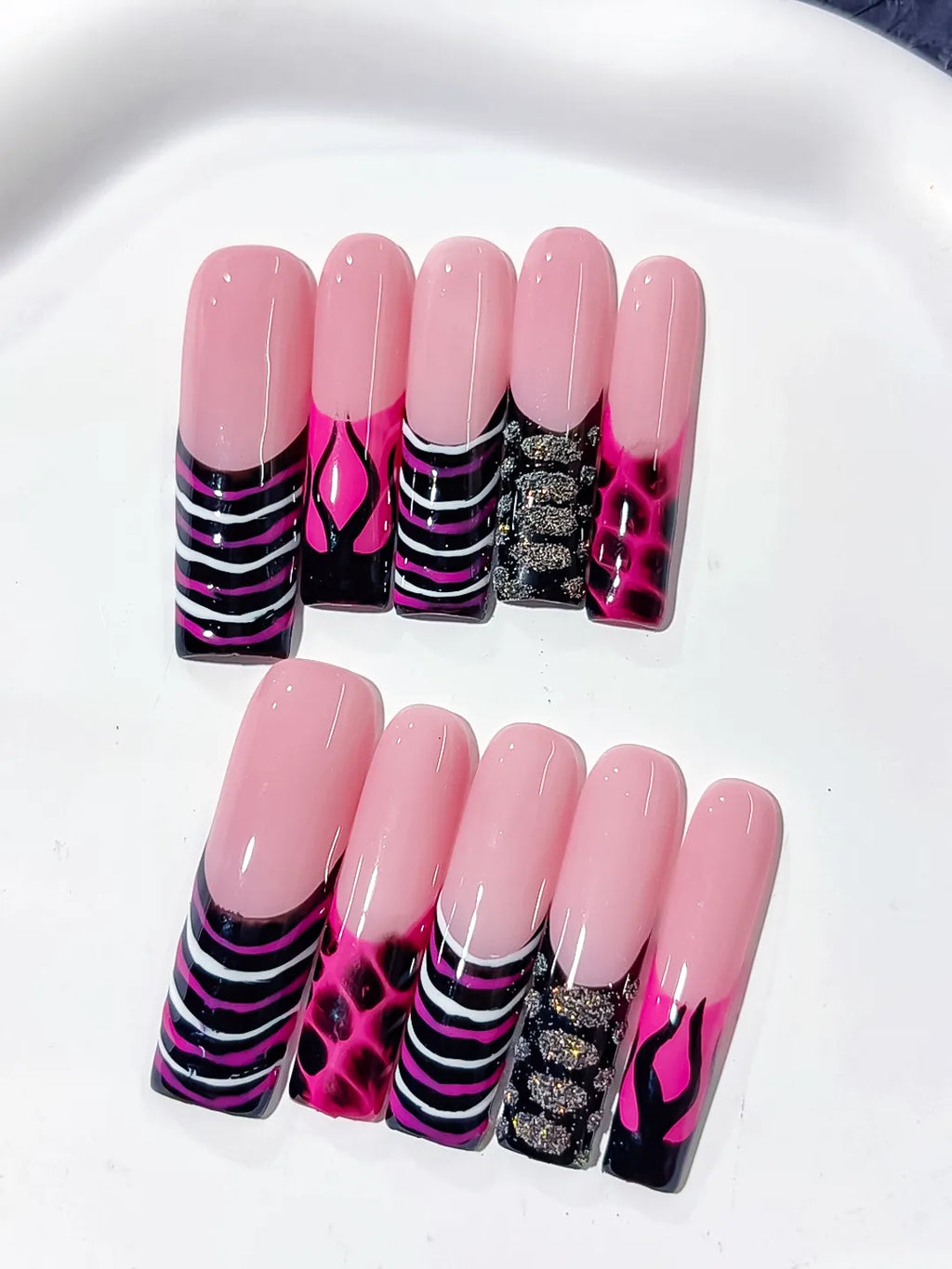 L130 - Long Pink Black Square Abstract Flame Glitter