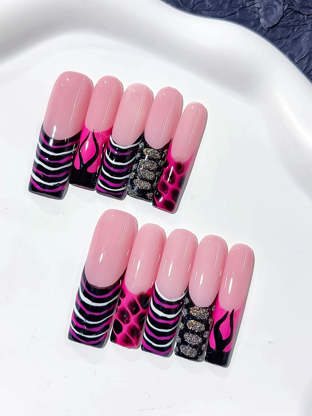 L130 - Long Pink Black Square Abstract Flame Glitter