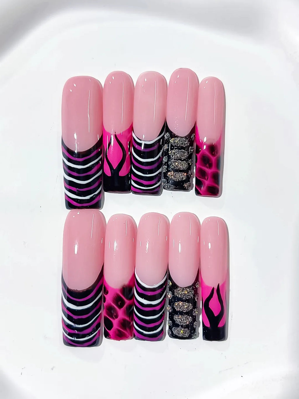 L130 - Long Pink Black Square Abstract Flame Glitter