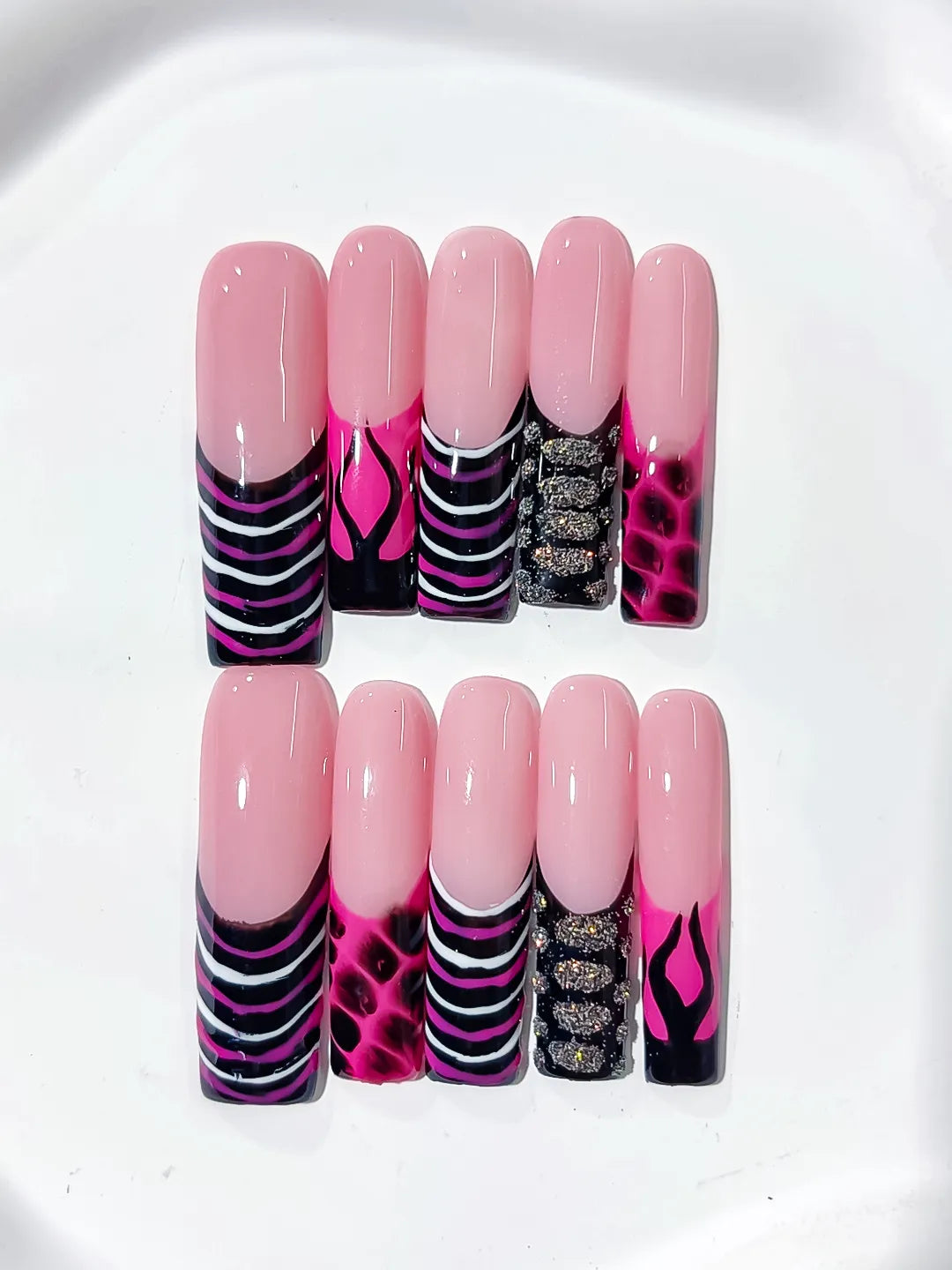L130 - Long Pink Black Square Abstract Flame Glitter