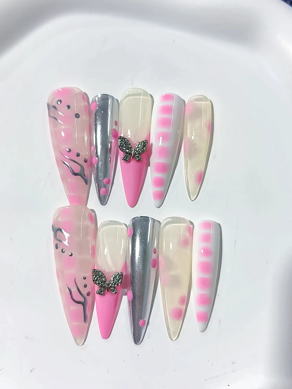 L132 - Long Pink White Stiletto Abstract Butterfly