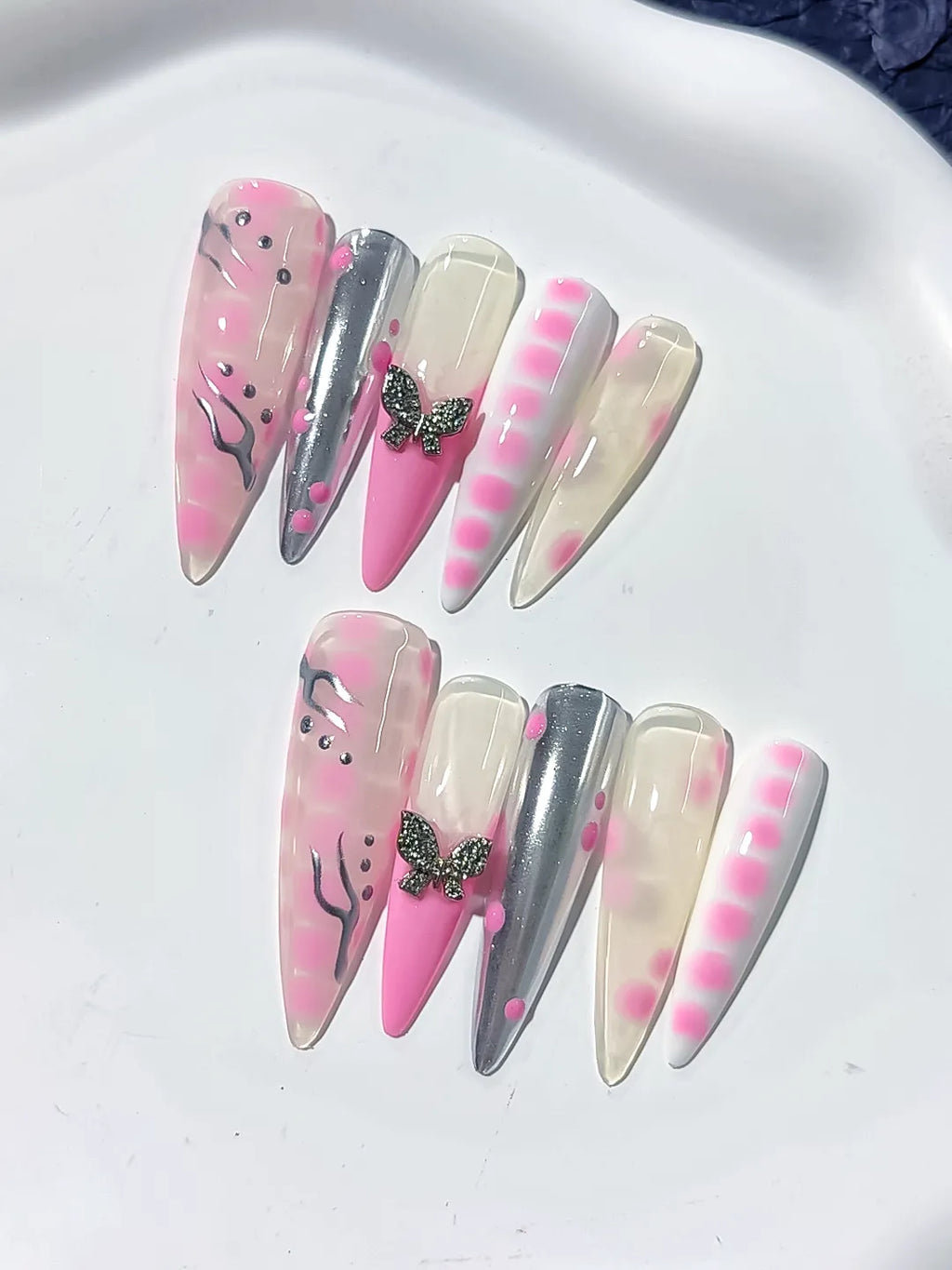 L132 - Long Pink White Stiletto Abstract Butterfly