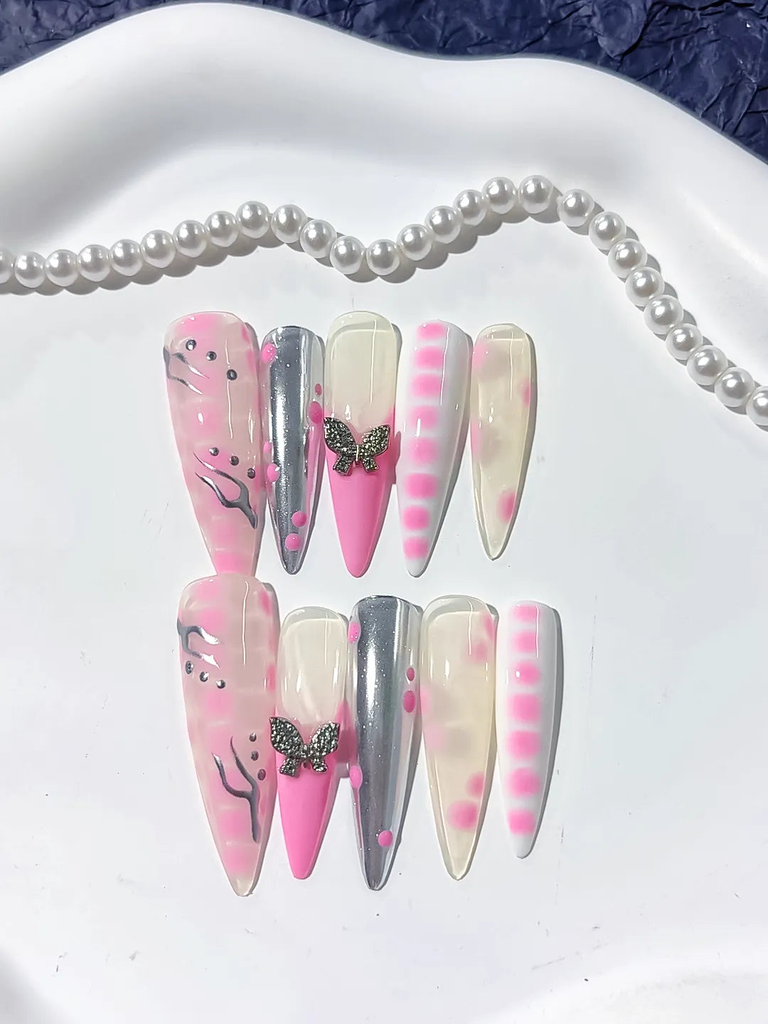L132 - Long Pink White Stiletto Abstract Butterfly