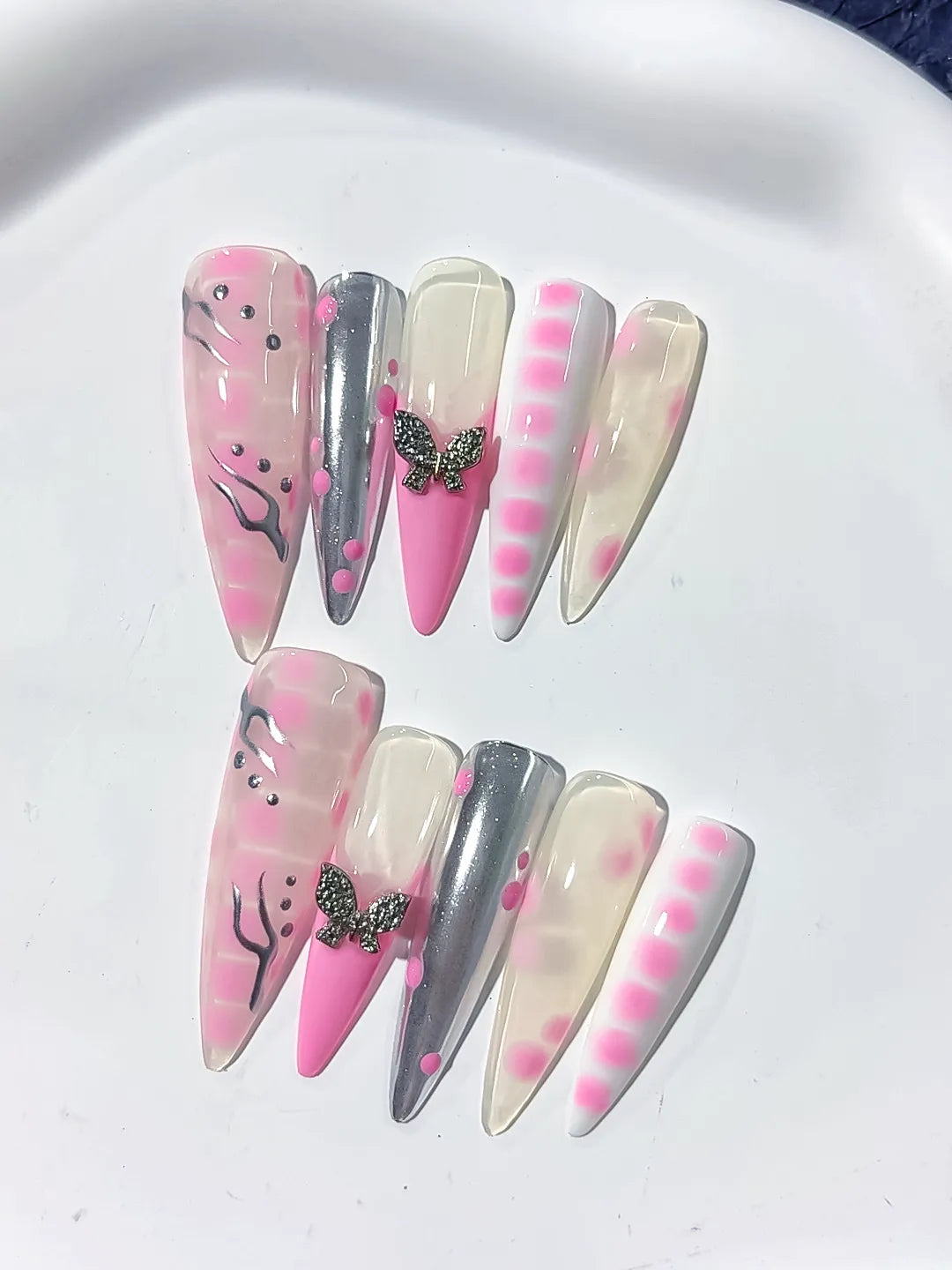 L132 - Long Pink White Stiletto Abstract Butterfly