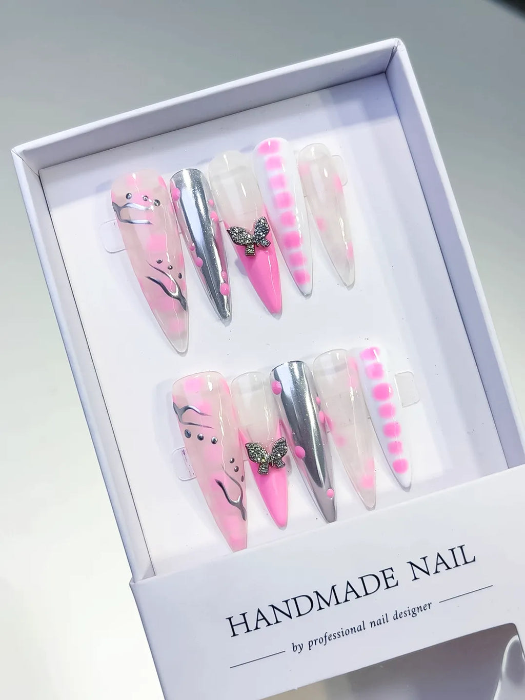 L132 - Long Pink White Stiletto Abstract Butterfly