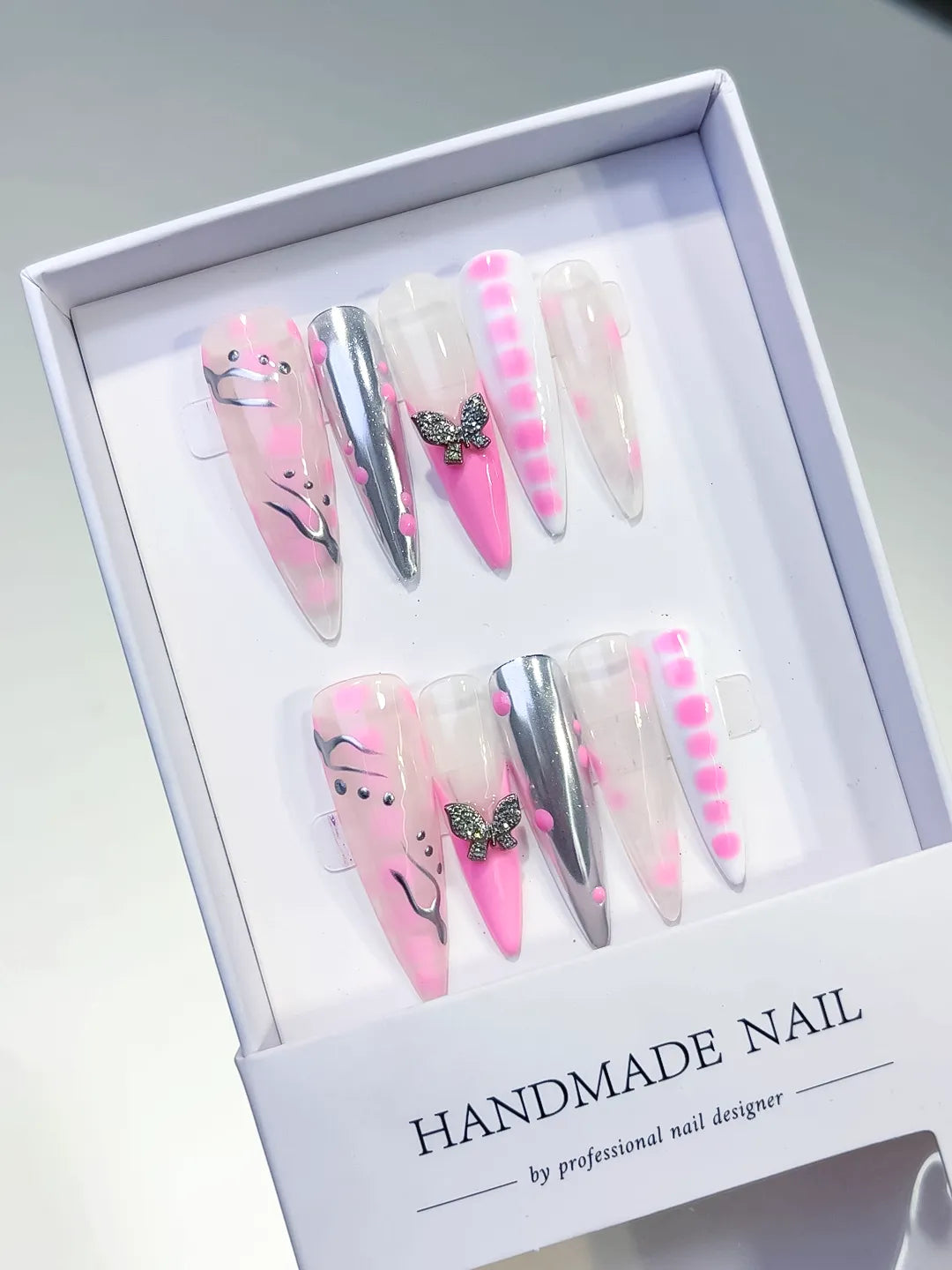 L132 - Long Pink White Stiletto Abstract Butterfly