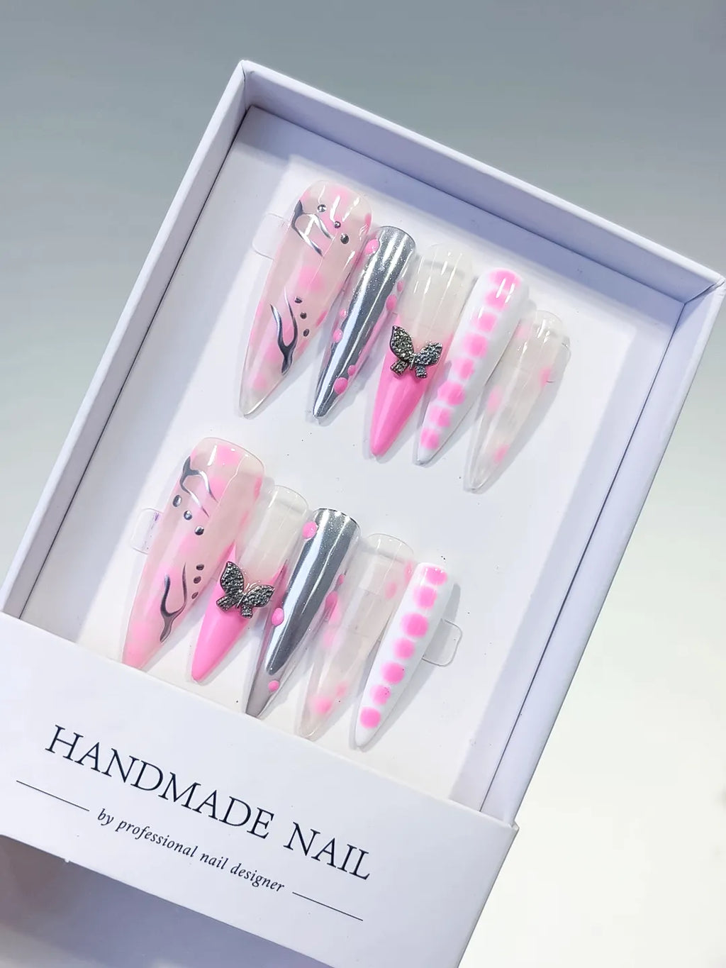 L132 - Long Pink White Stiletto Abstract Butterfly