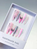 L132 - Long Pink White Stiletto Abstract Butterfly