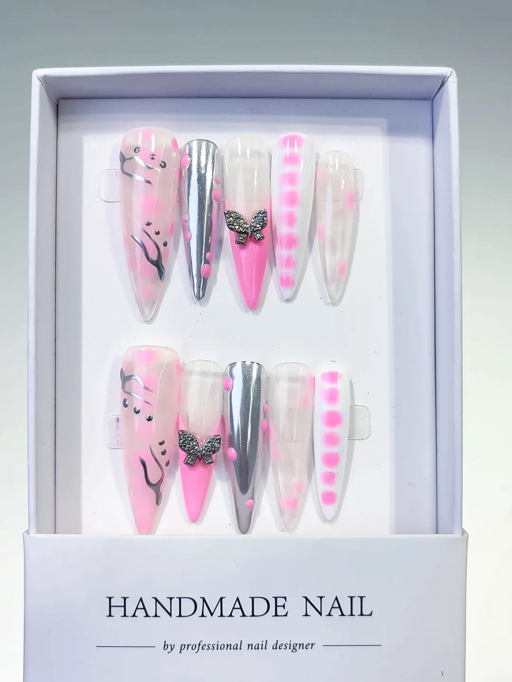L132 - Long Pink White Stiletto Abstract Butterfly