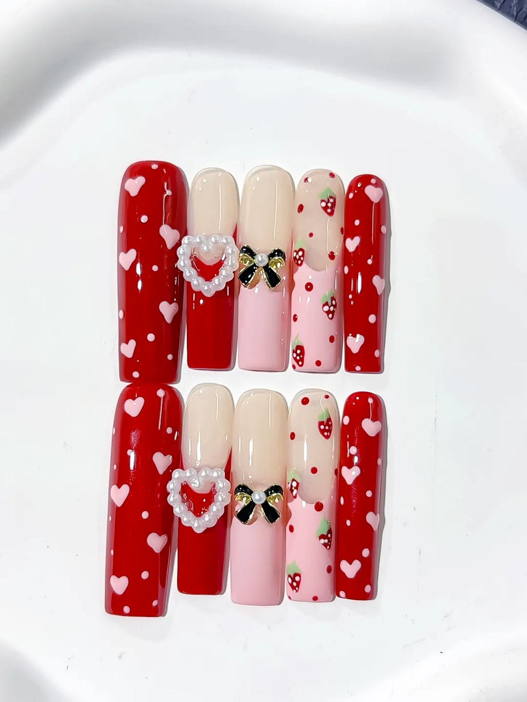 L133 - Long Red Pink Square Abstract Heart Bow