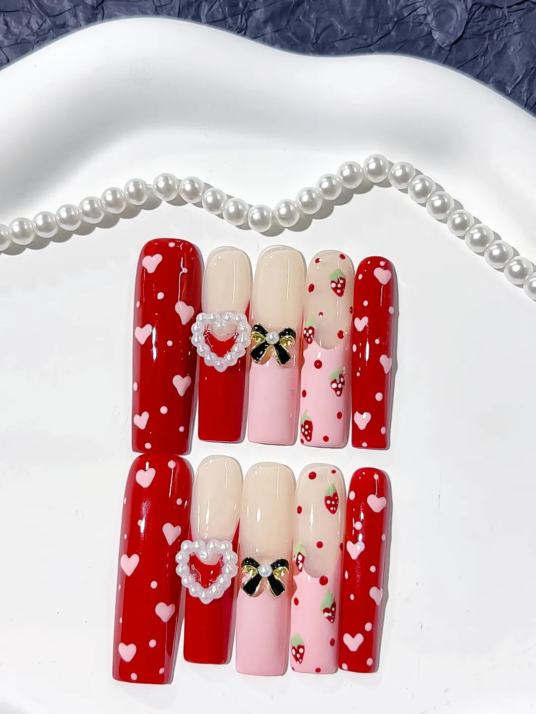 L133 - Long Red Pink Square Abstract Heart Bow