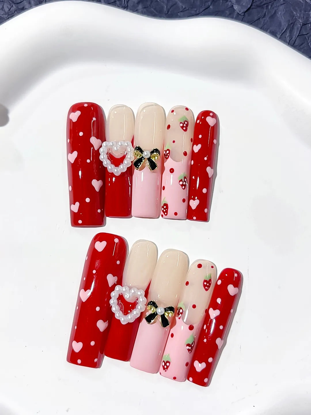 L133 - Long Red Pink Square Abstract Heart Bow