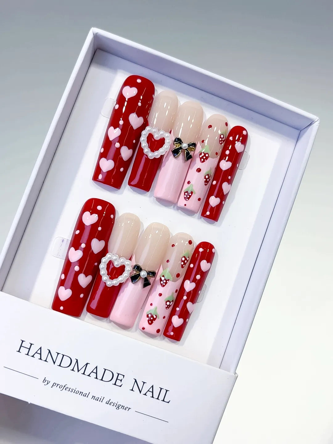 L133 - Long Red Pink Square Abstract Heart Bow