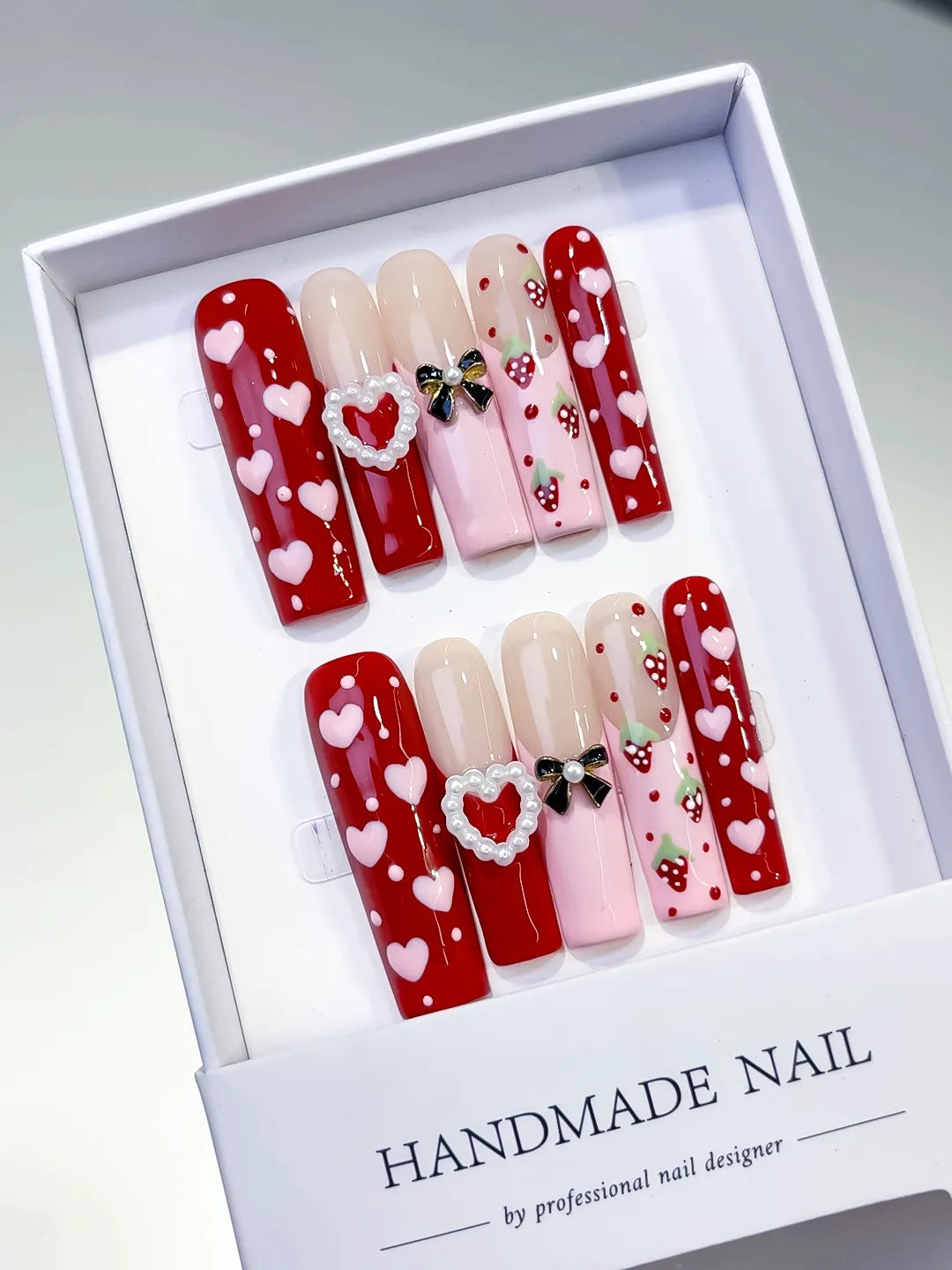 L133 - Long Red Pink Square Abstract Heart Bow