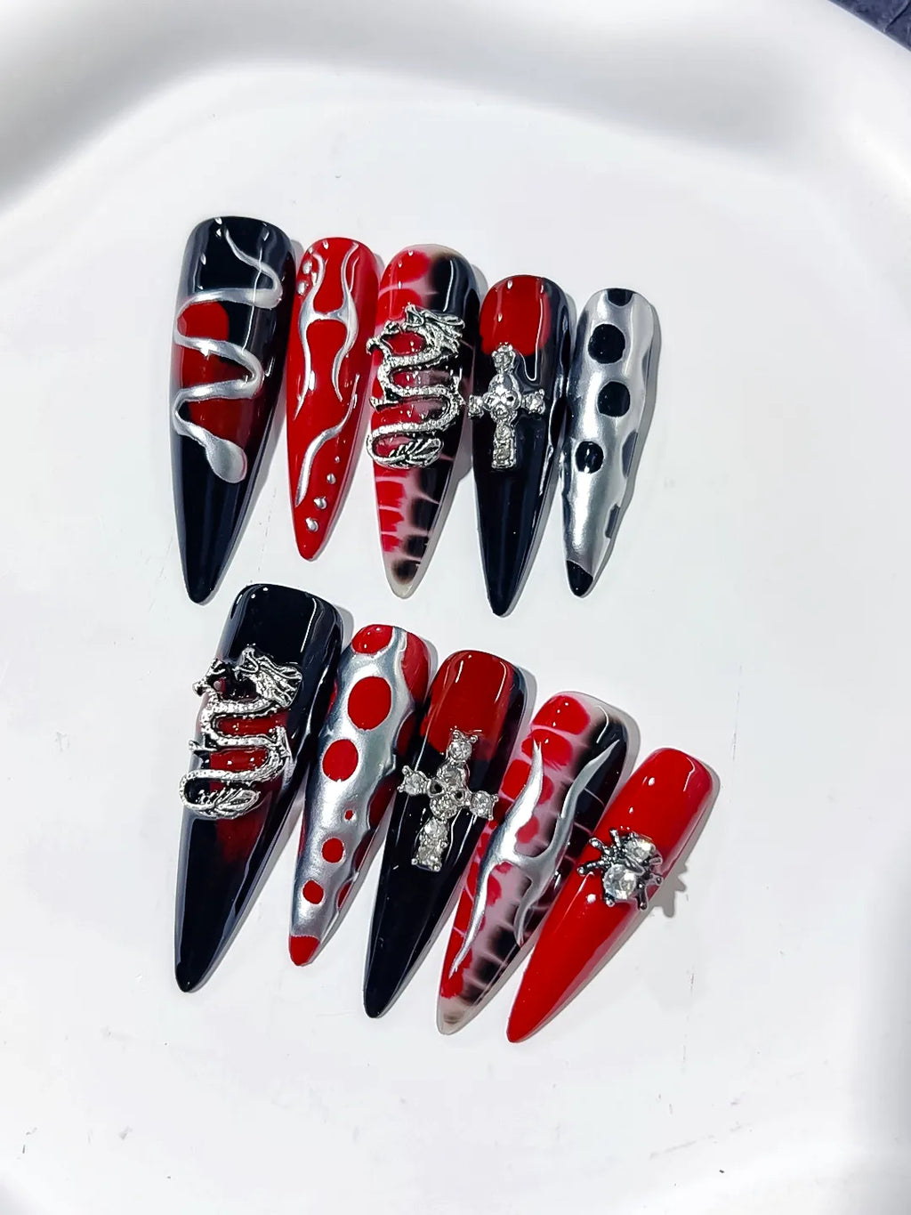 L134 - Long Black Red Stiletto Abstract Cross Snake