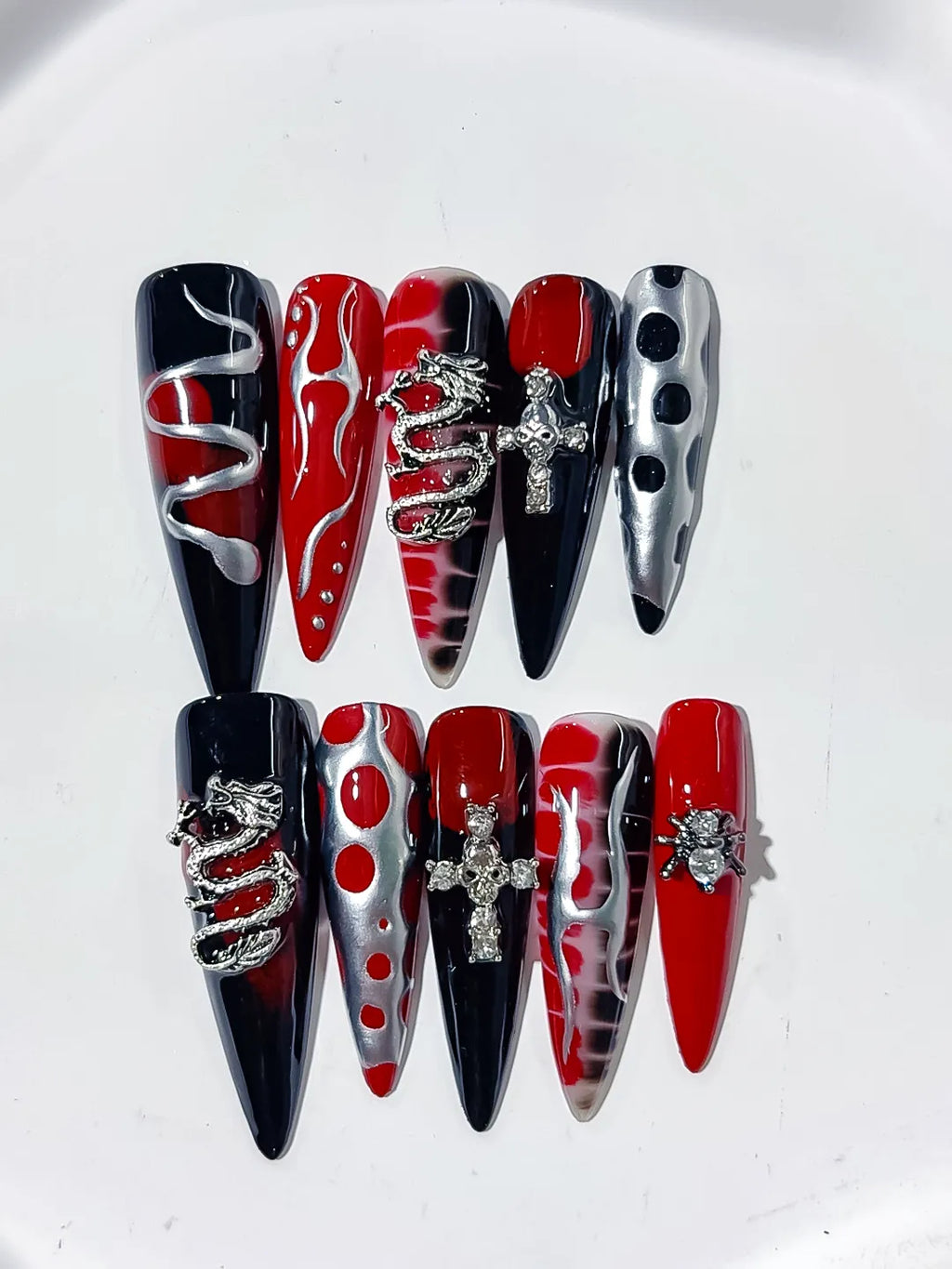 L134 - Long Black Red Stiletto Abstract Cross Snake