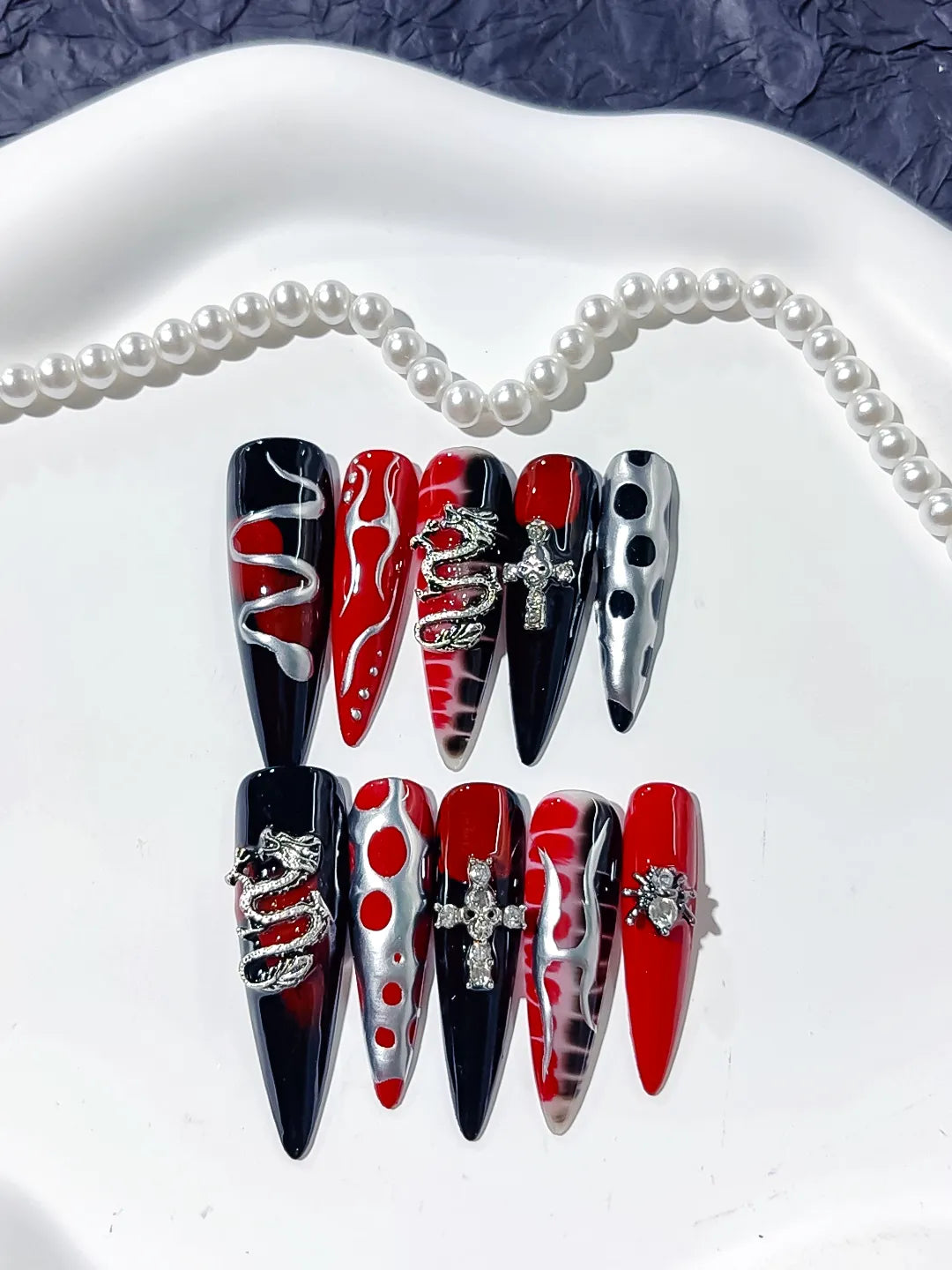 L134 - Long Black Red Stiletto Abstract Cross Snake
