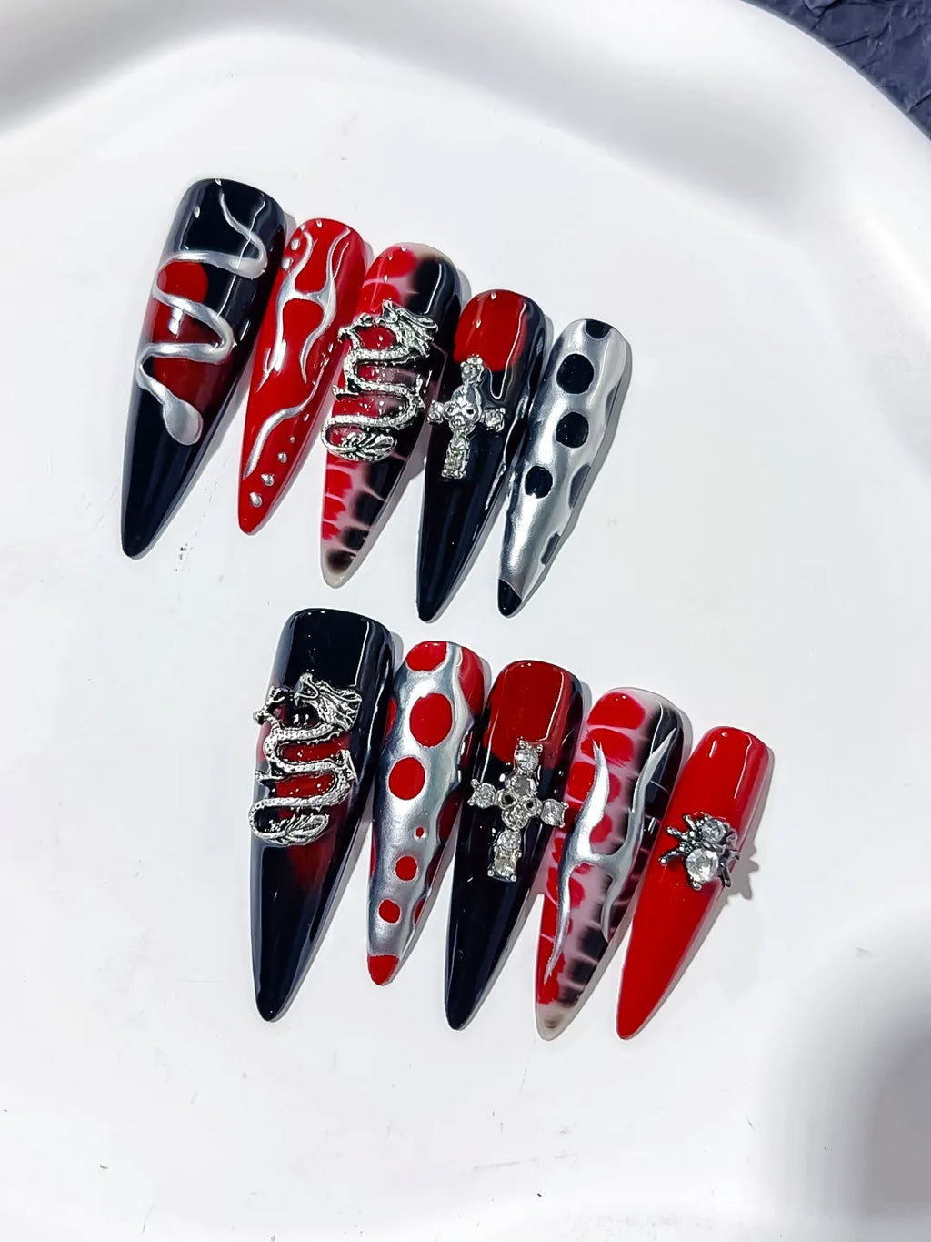 L134 - Long Black Red Stiletto Abstract Cross Snake