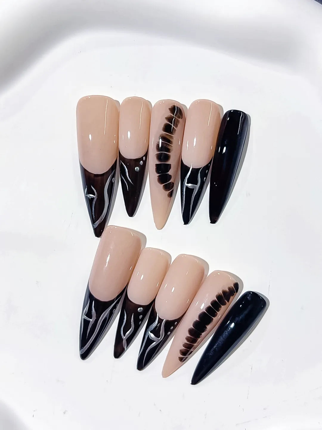 L135 - Long Nude Black Stiletto French tip Glitter