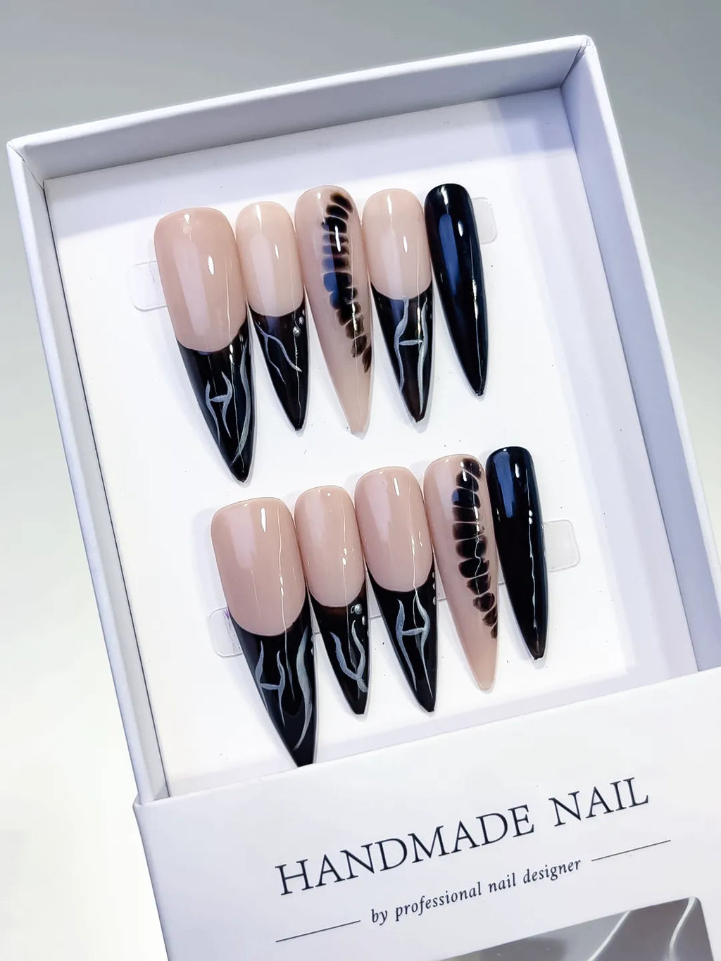 L135 - Long Nude Black Stiletto French tip Glitter