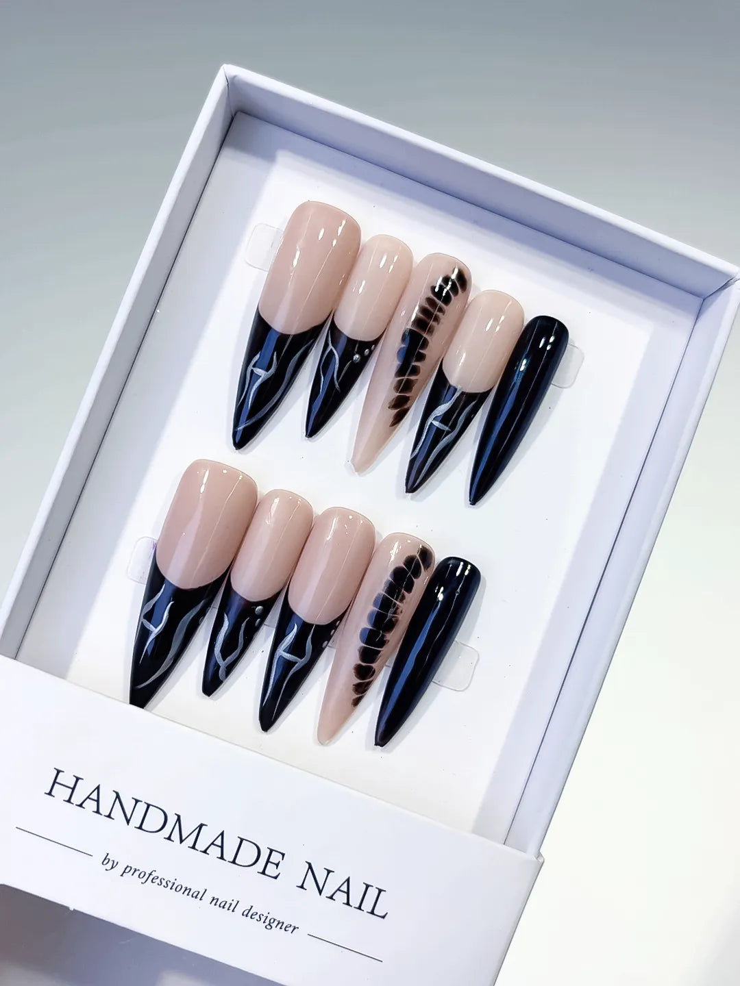 L135 - Long Nude Black Stiletto French tip Glitter