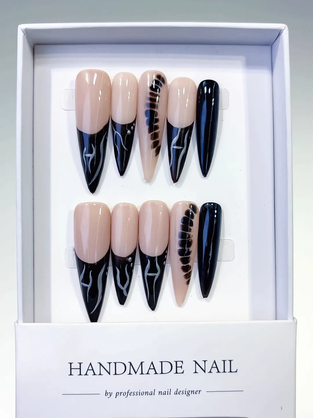 L135 - Long Nude Black Stiletto French tip Glitter
