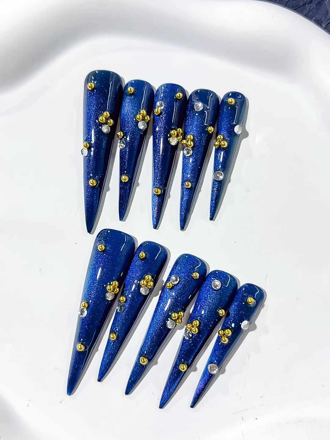 L136 - Long Blue Gold Stiletto Metallic Stud