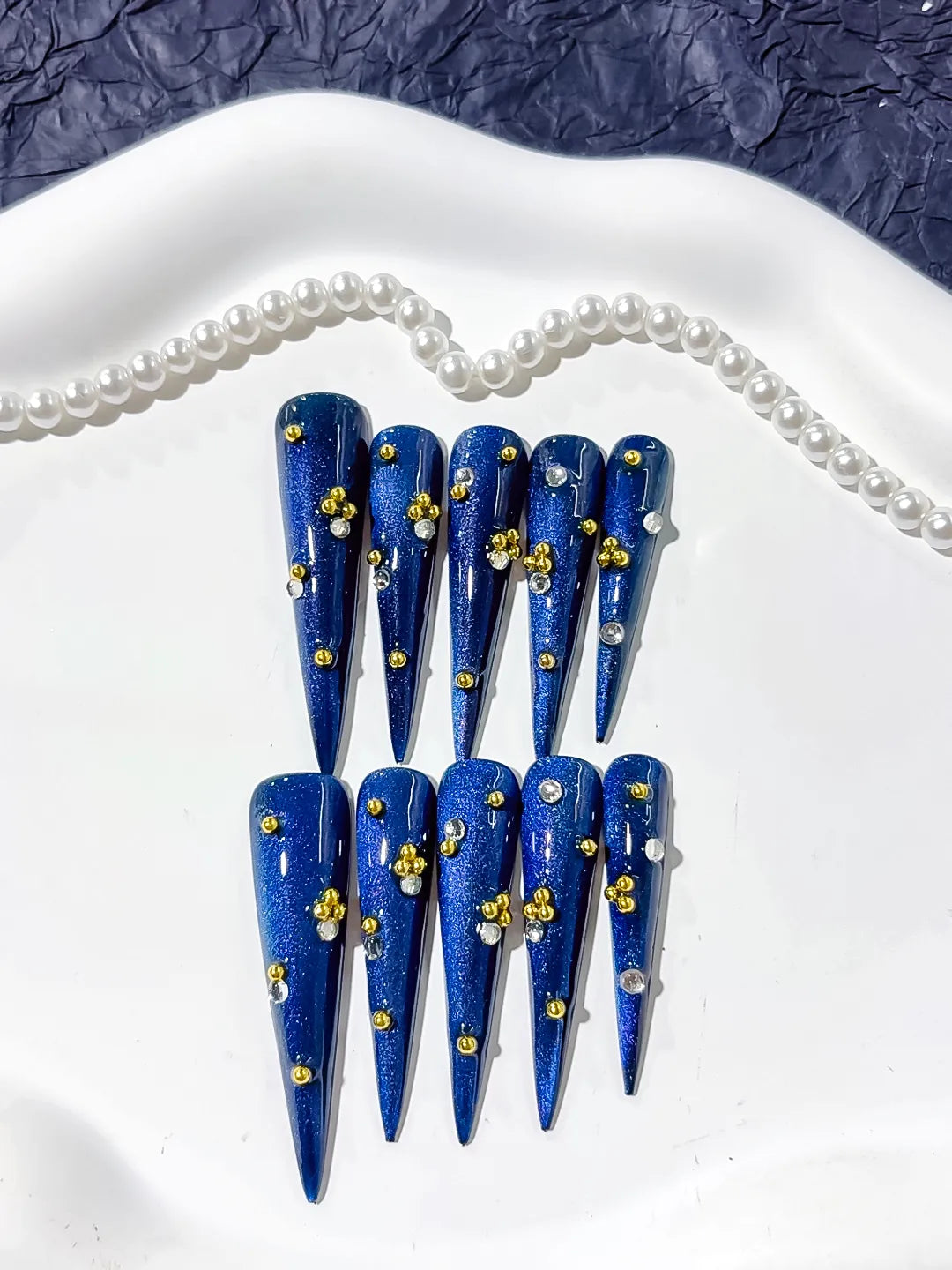 L136 - Long Blue Gold Stiletto Metallic Stud