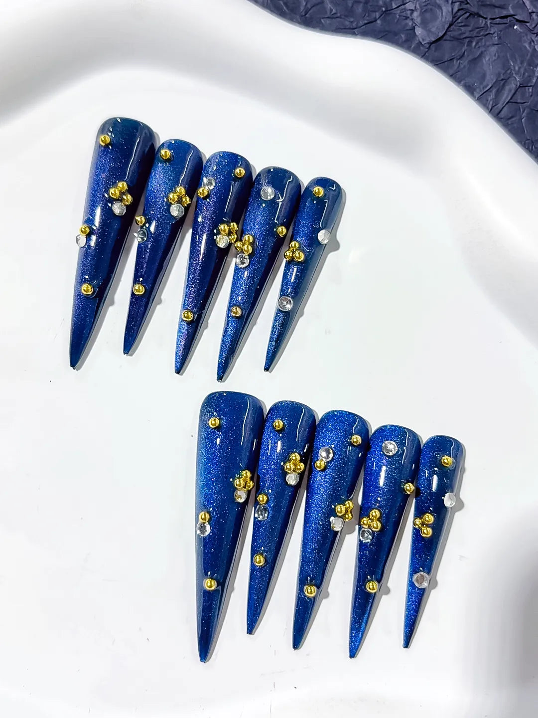 L136 - Long Blue Gold Stiletto Metallic Stud