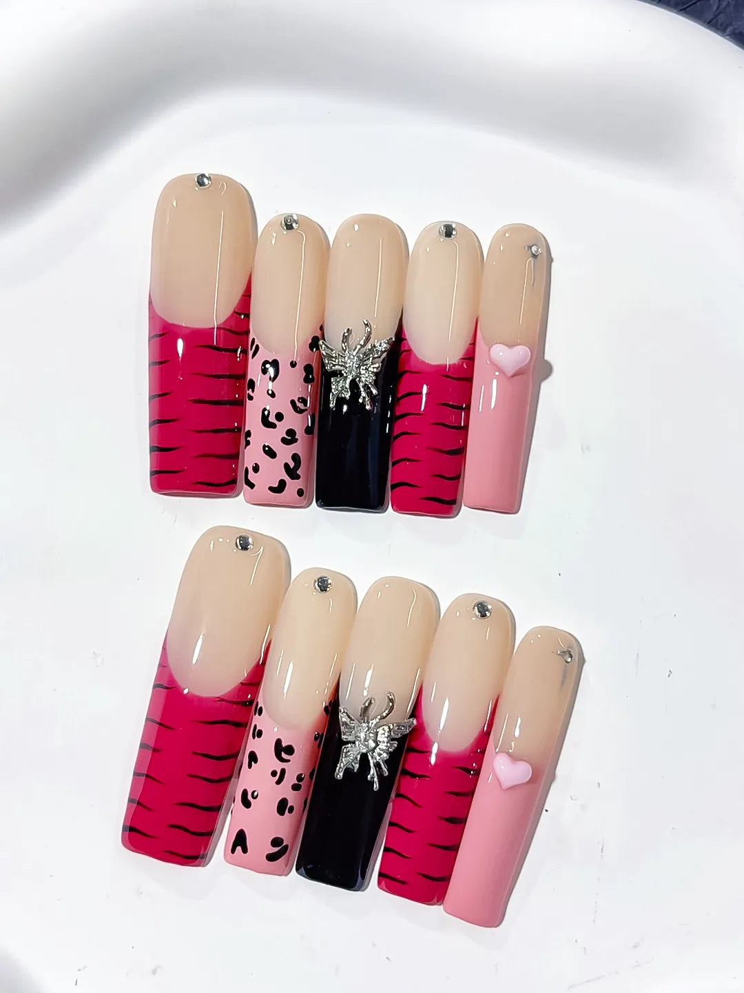L137 - Long Nude Pink Square Abstract Animal Print Glitter