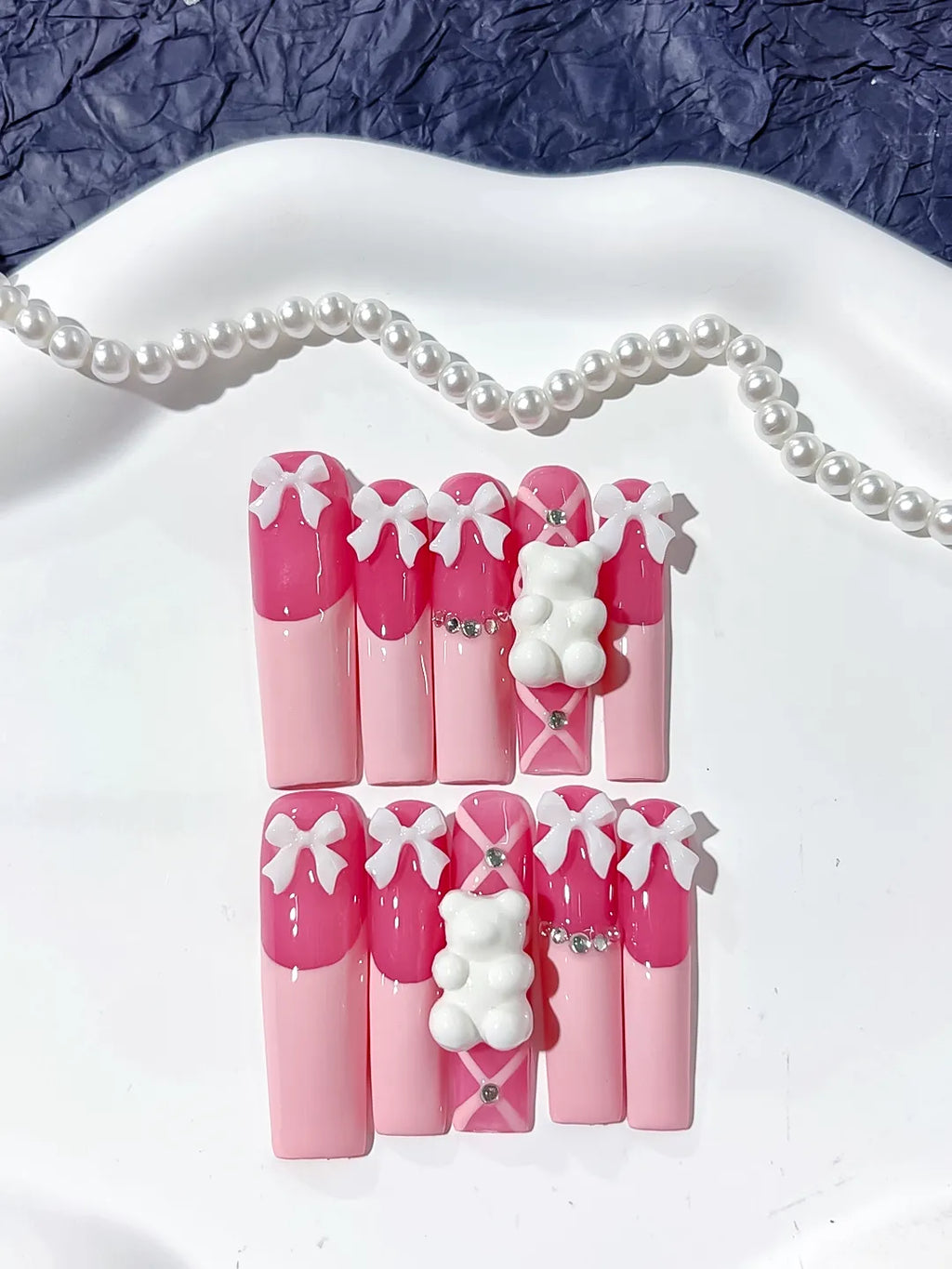 L138 - Long Pink White Square Solid color Bow Bear