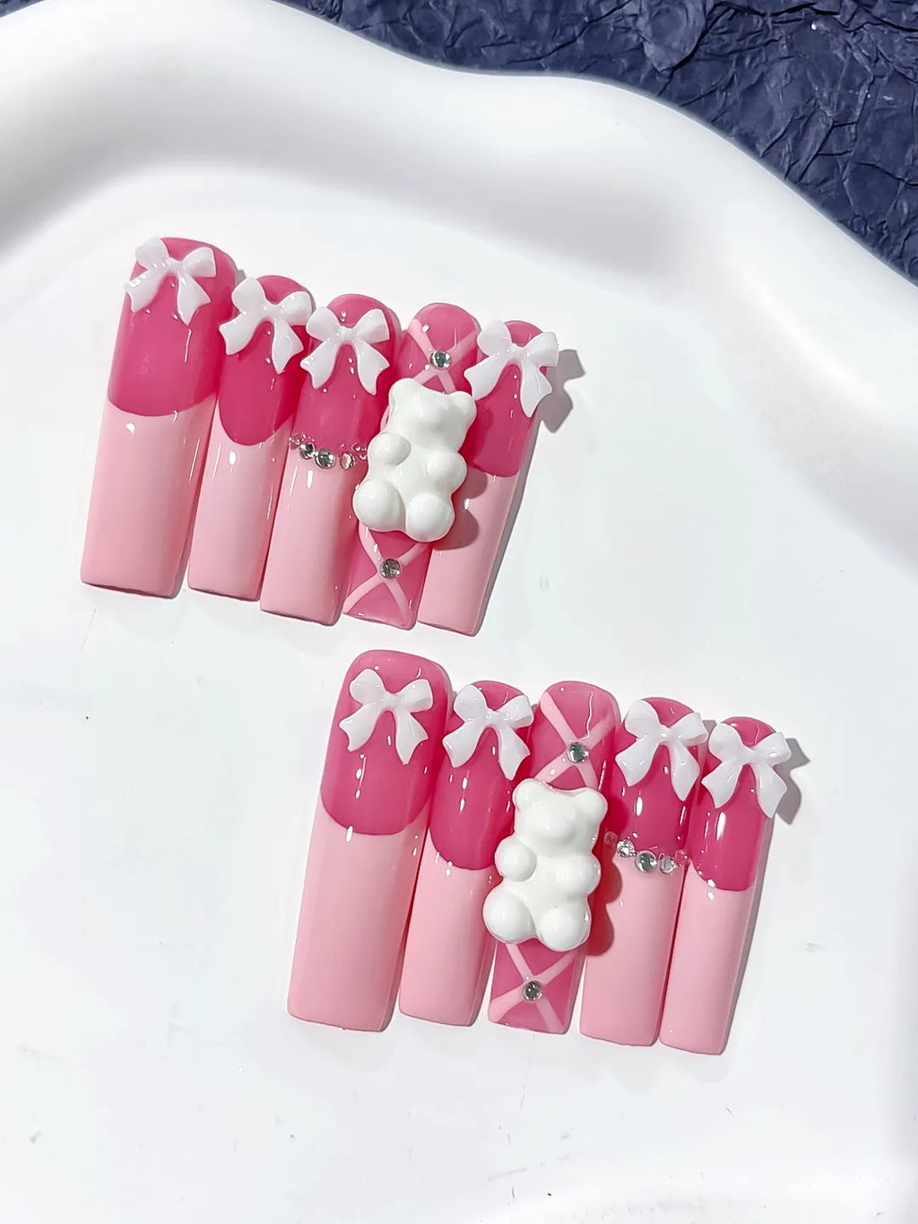L138 - Long Pink White Square Solid color Bow Bear