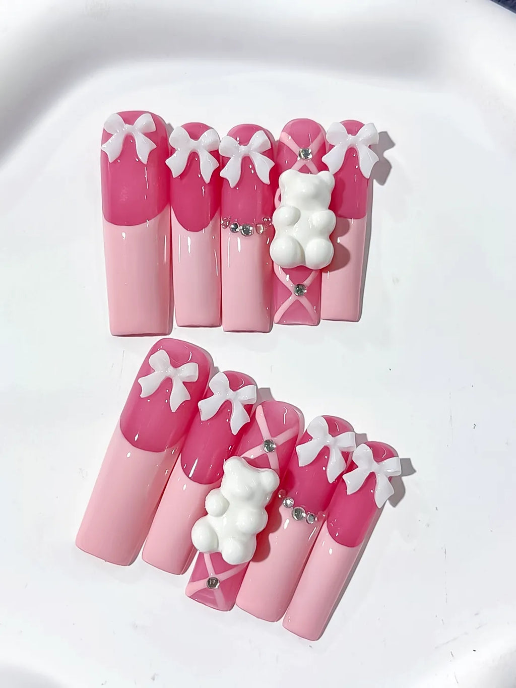L138 - Long Pink White Square Solid color Bow Bear