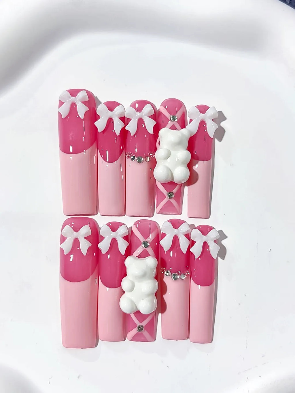 L138 - Long Pink White Square Solid color Bow Bear