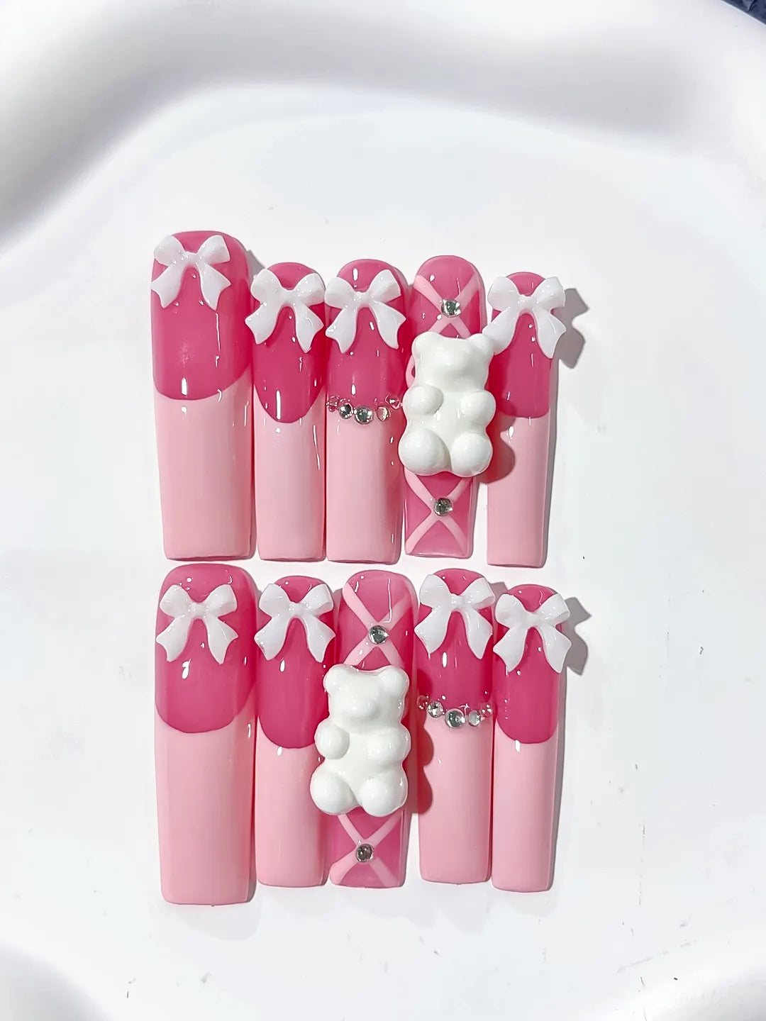 L138 - Long Pink White Square Solid color Bow Bear