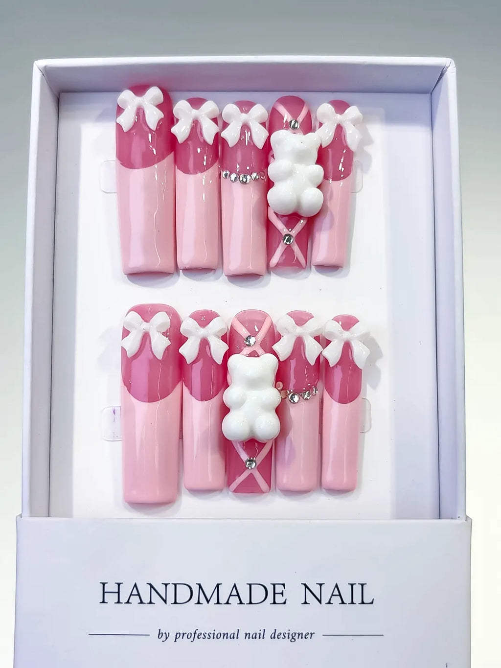 L138 - Long Pink White Square Solid color Bow Bear