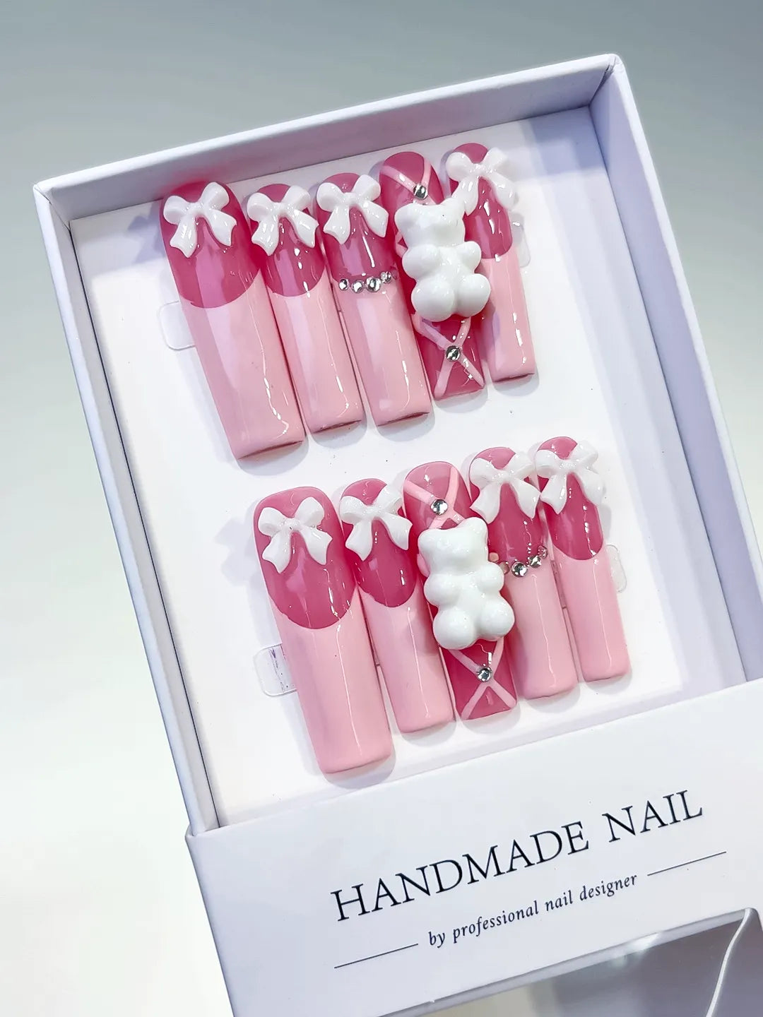 L138 - Long Pink White Square Solid color Bow Bear