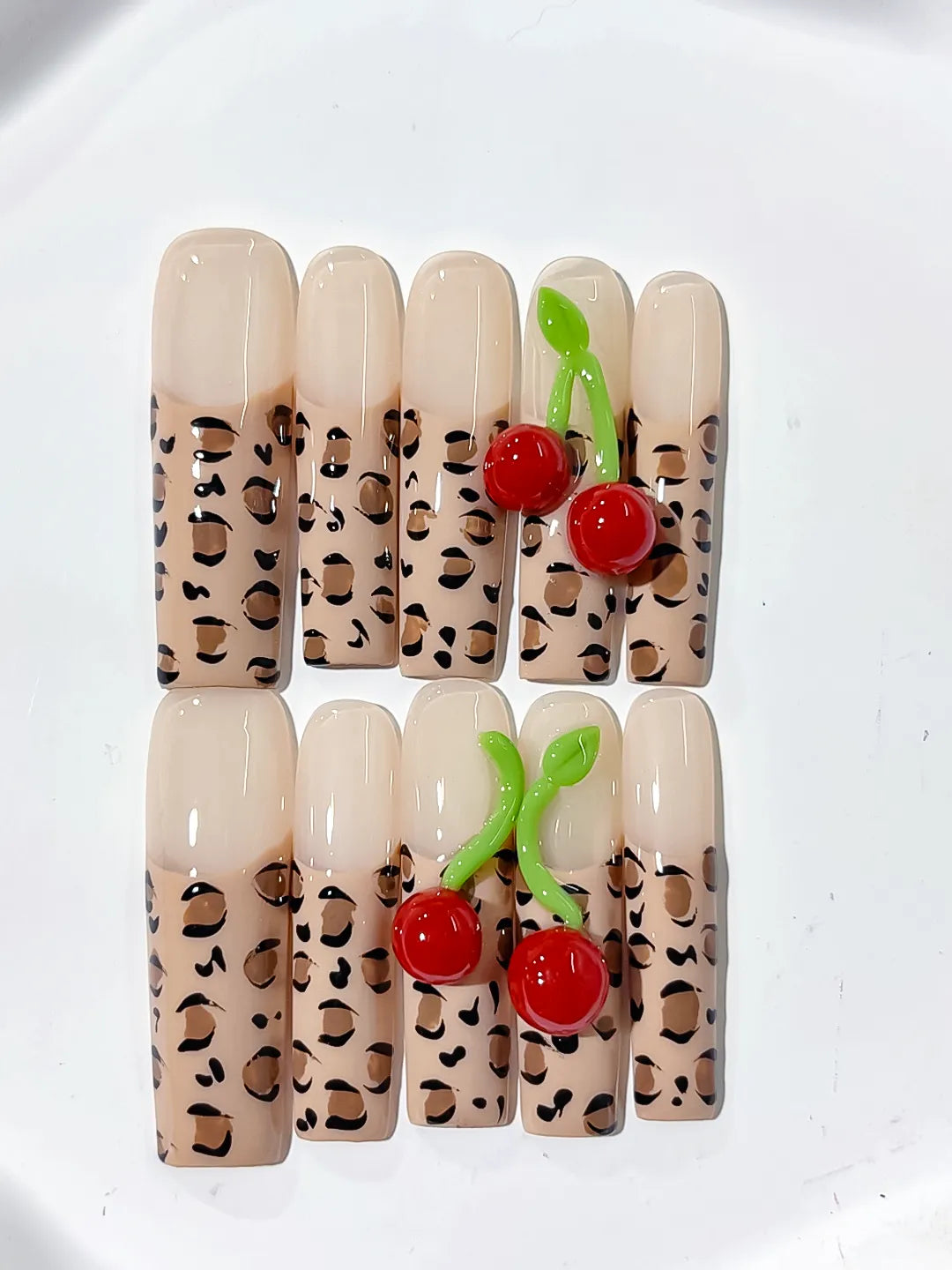 L139 - Long Nude Brown Square Abstract Animal Print Cherry