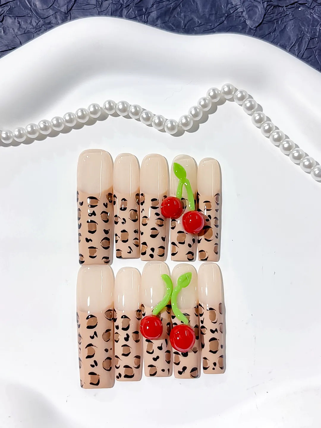 L139 - Long Nude Brown Square Abstract Animal Print Cherry