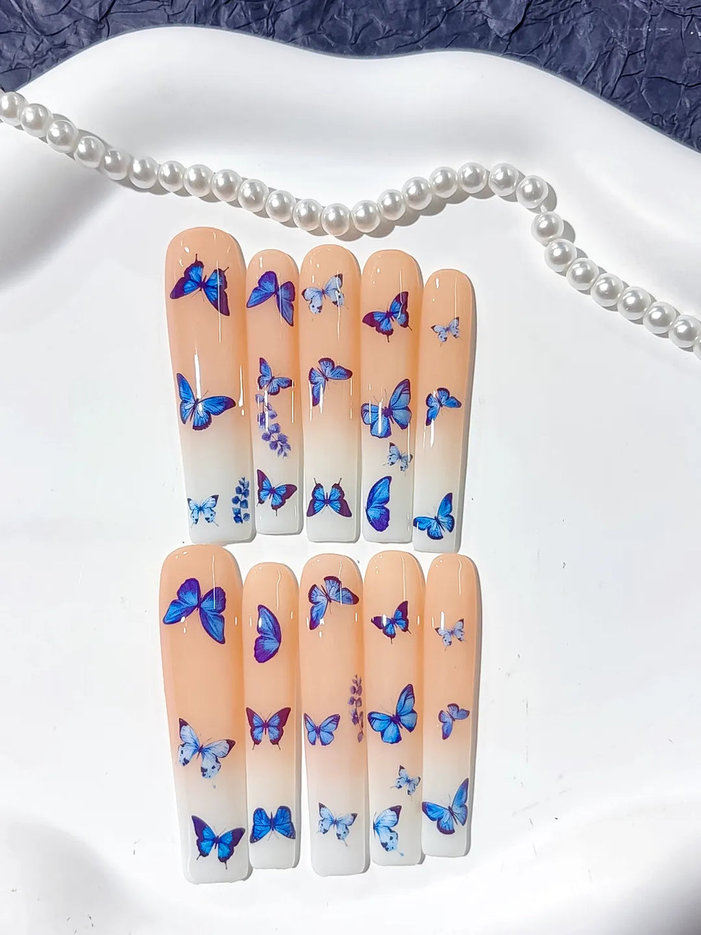 L140 - Long Nude Blue Square Solid color Butterfly