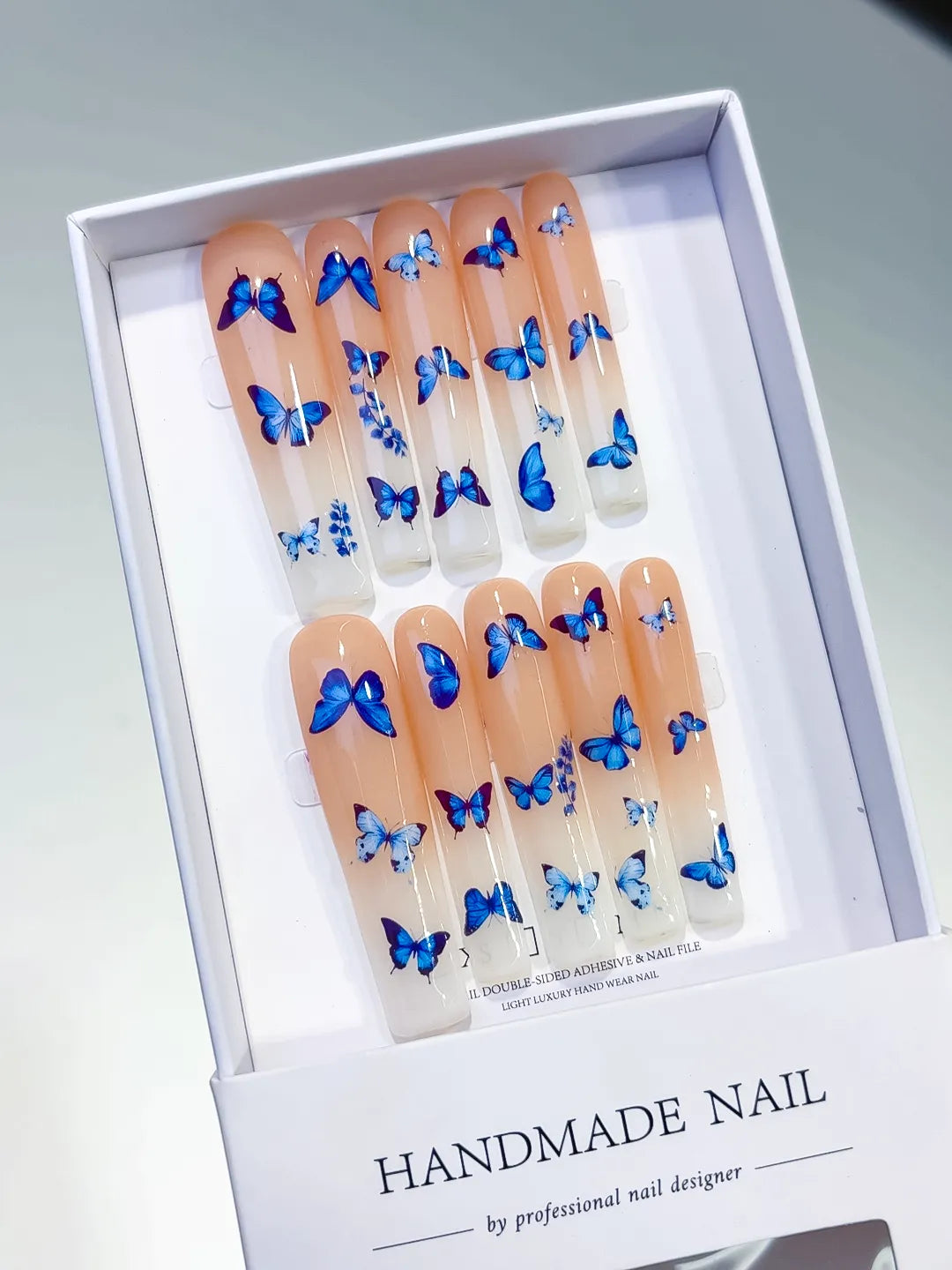 L140 - Long Nude Blue Square Solid color Butterfly