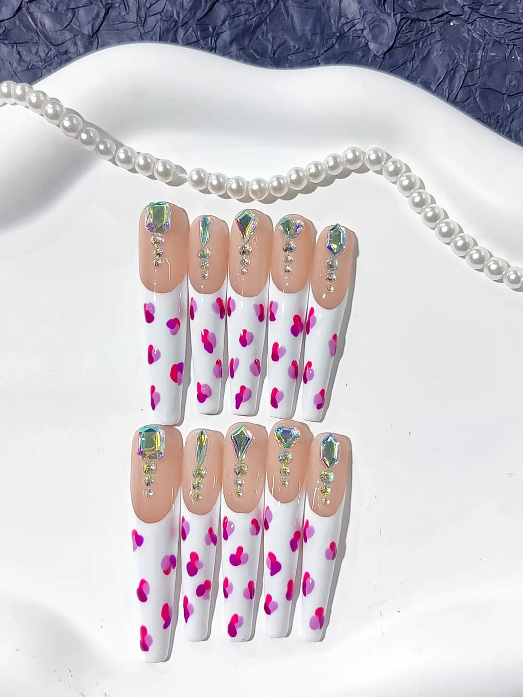 L141 - Long White Pink Coffin Abstract Heart Rhinestone