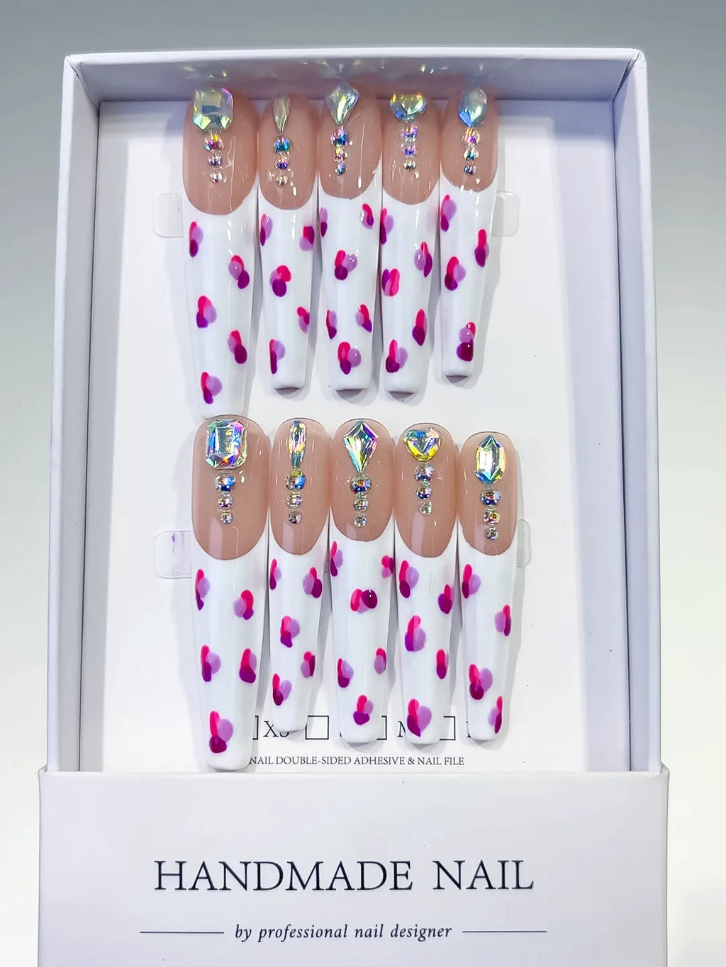 L141 - Long White Pink Coffin Abstract Heart Rhinestone