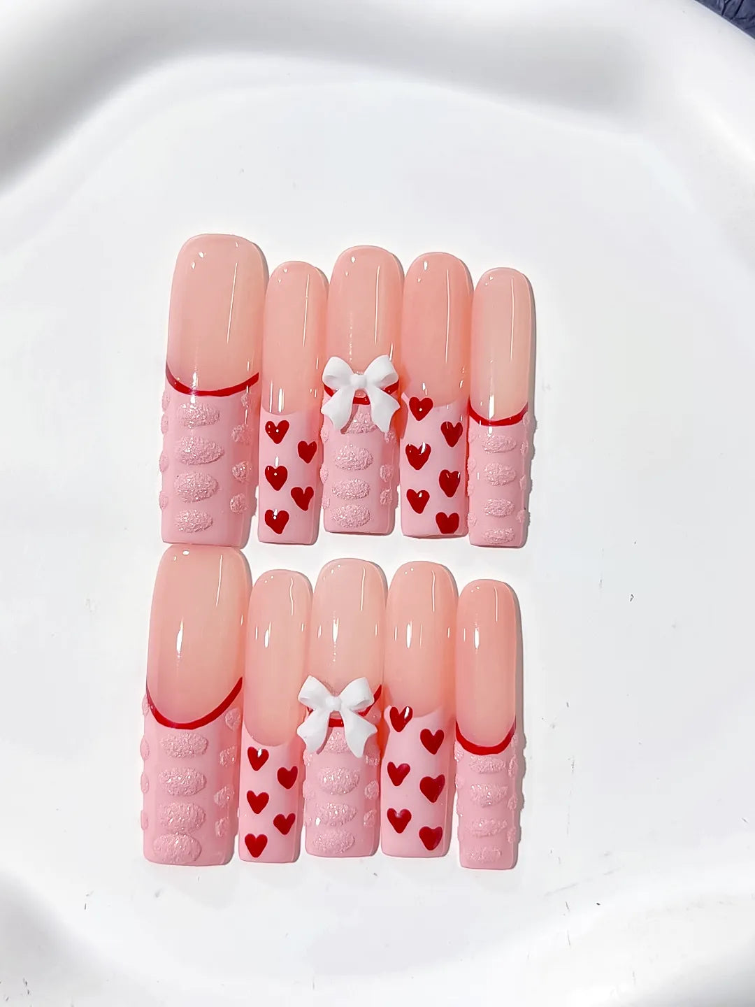 L142 - Long Pink Red Square Solid color Heart Bow