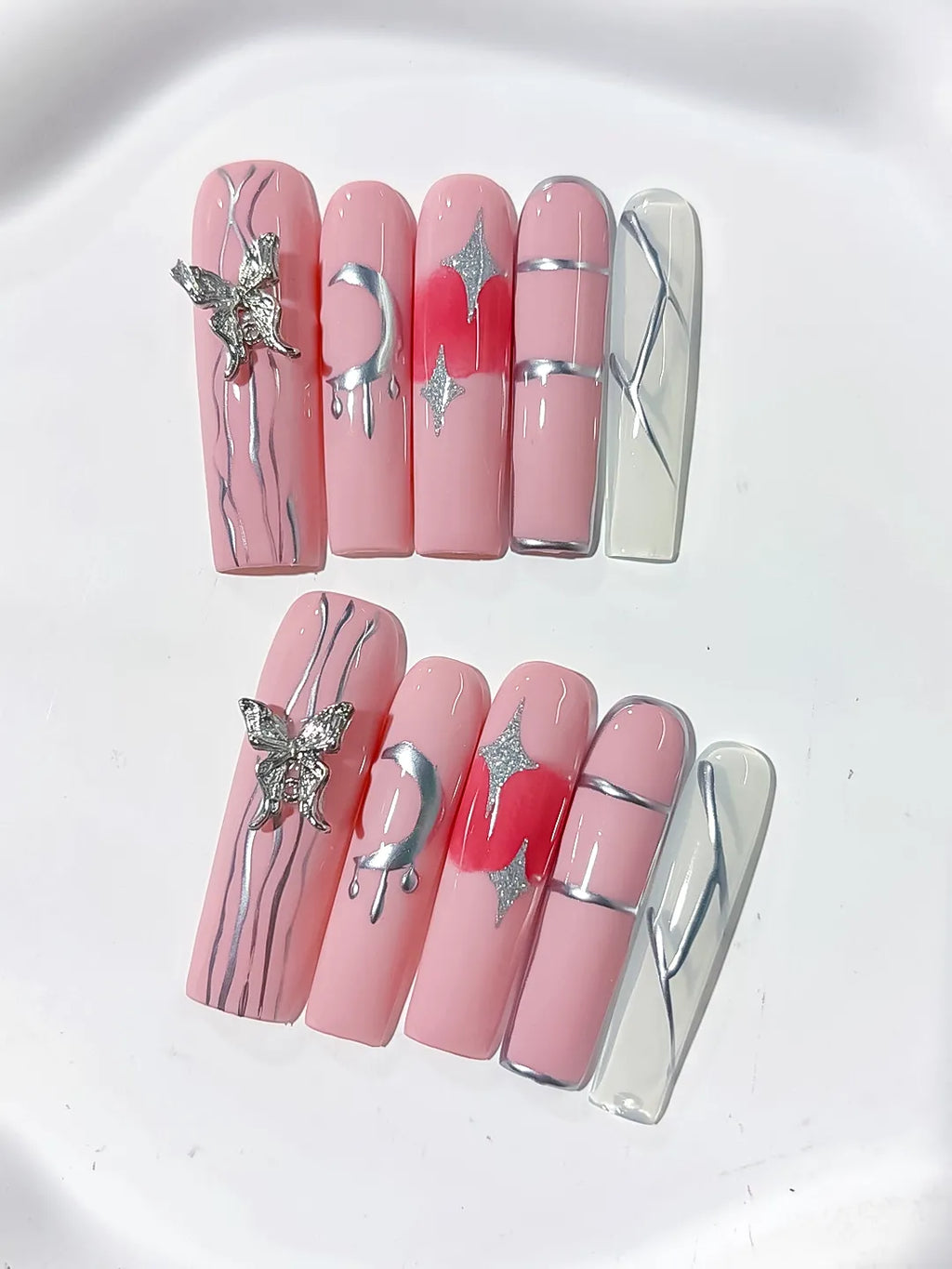 L143 - Long Pink Silver Square Solid color Butterfly Star