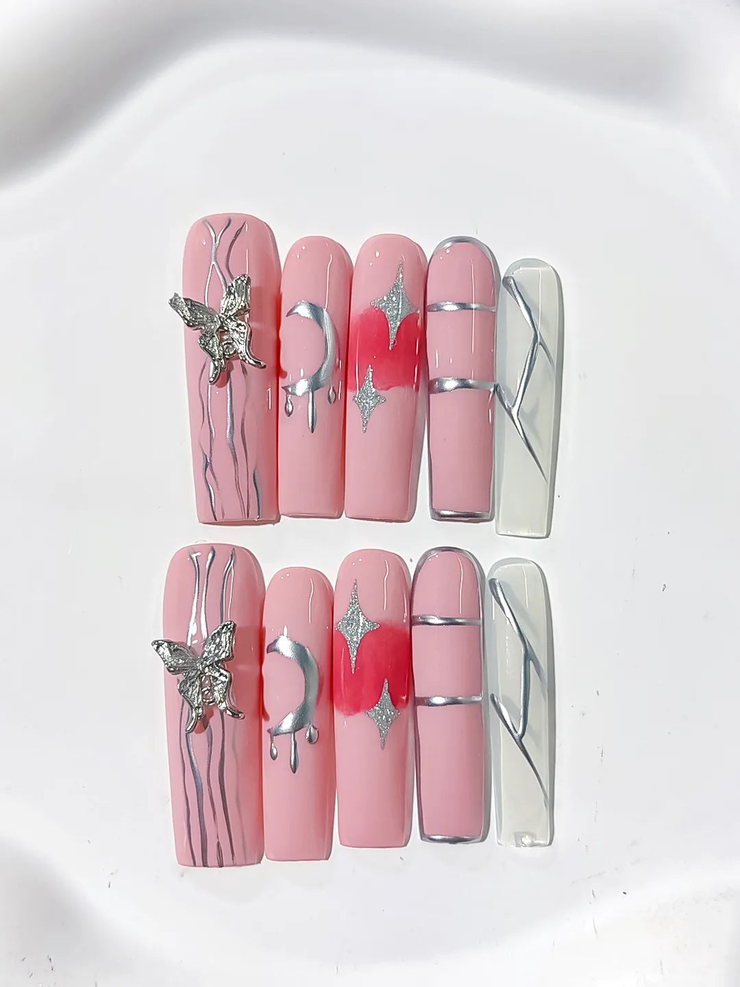 L143 - Long Pink Silver Square Solid color Butterfly Star
