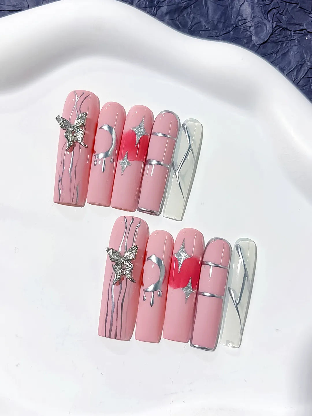 L143 - Long Pink Silver Square Solid color Butterfly Star
