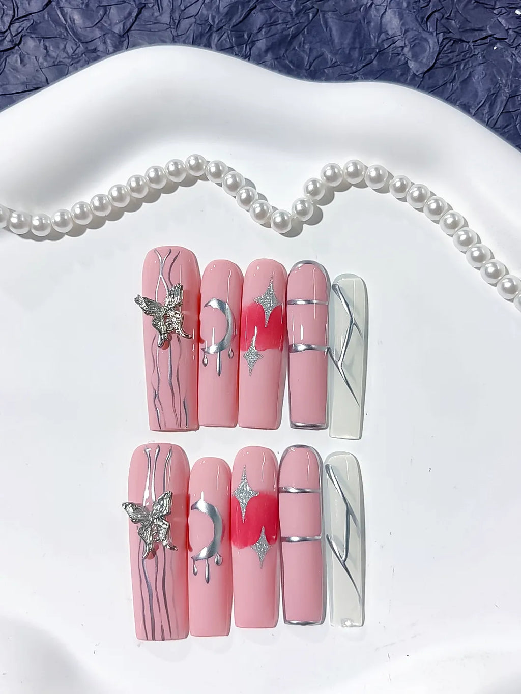 L143 - Long Pink Silver Square Solid color Butterfly Star
