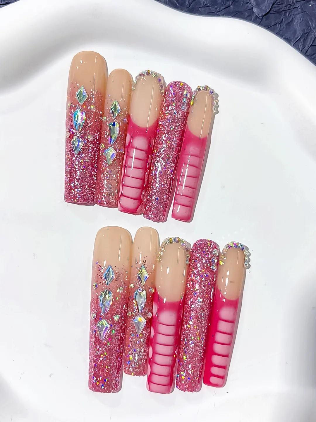 L144 - Long Nude Pink Square Glitter Rhinestone